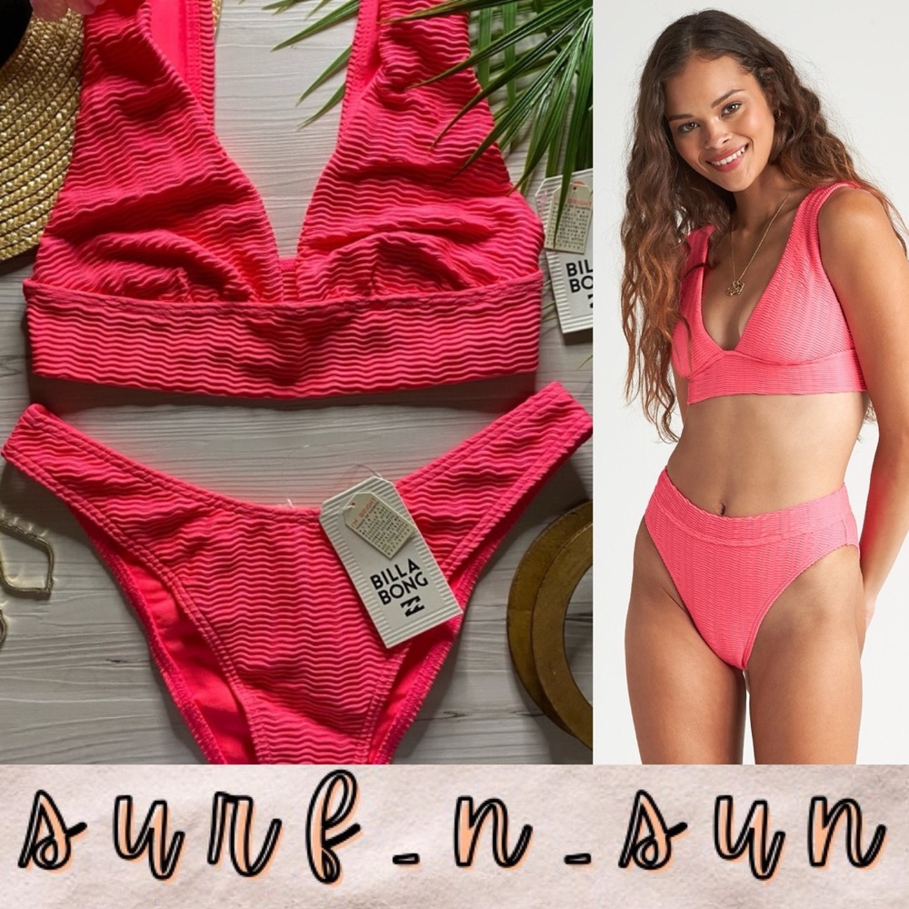 Billabong 🌺 Ribbed Barbie Pink Plunge Bikini Top | Cheeky Hike Bottoms